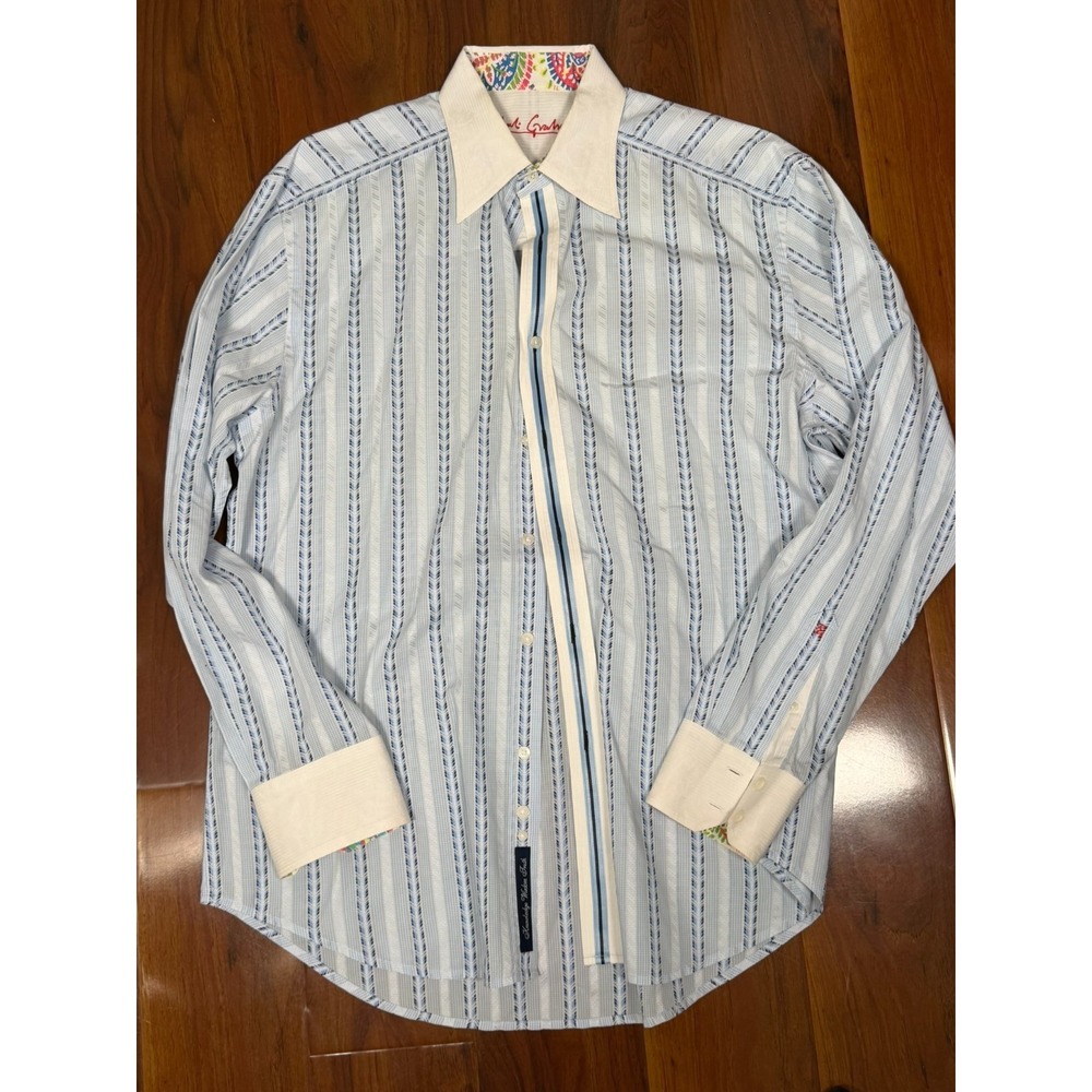 Robert Graham Men's Shirt Blue White Stripes Size XL Contrast Floral Flip Cuff